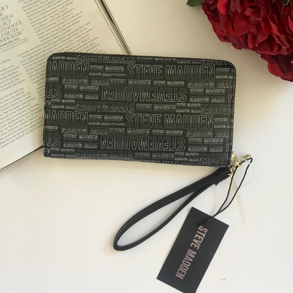 Steve Madden Black Logo Floral Wallet Wristlet - Picture 3 of 5
